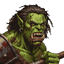 A furious orc with green skin, blood spatters, and a brow gash, roaring with bared tusks and burning eyes.