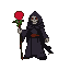 Skeletal figure in dark robes holds a staff topped with a vibrant red rose.