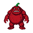 A stout, red, pepper-shaped monster with furrowed brows, glowing white eyes, and a bared-teeth grimace. It has thick legs and muscular arms, with a green stem on its head.