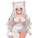 A shy, blushing neko girl with long white hair, white cat ears, and a white tail. She wears a white cropped top and high-waisted shorts.