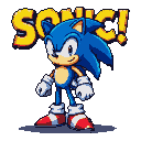 Sonic the Hedgehog, rendered in pixel art, with the word "SONIC!" in pixelated yellow letters behind him.