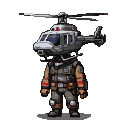 Pixelated soldier with a grey helicopter for a head, red light on the cabin, and spinning rotors. Wears tactical gear, vest with pouches, rugged pants, armored boots, and red bicep bands.