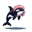 Orca with voluminous pink hair leaping, rendered in pixel art.