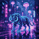 Colossal neon-blue tiger with cybernetic stripes walks on a wet street reflecting pink and purple light. Futuristic city with glowing holograms and glass buildings under a twilight sky. Ethereal, glowing jellyfish-shaped drones float above.