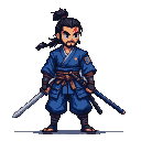 A samurai in blue robes and a brown sash, with dark hair in a ponytail and a scar over his left eye, stands holding a sword.