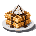 A stack of golden waffles piled high with whipped cream and chocolate syrup offers a pixelated, sweet indulgence. This charming, classic treat is ready to tempt any viewer.