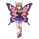 Pixie with large pink, purple, and yellow butterfly wings holds a closed dark book. She wears a blue ruffled dress and has shoulder-length brown hair with pointed ears.