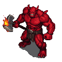 Crimson demon with muscular build, sharp horns, and a snarling expression, holding a fiery axe aloft.