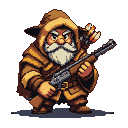 Pixel Art: 戴皮帽，身披土黄色兽皮，手持猎枪的中年猎人，眼睛那有一道疤痕，棕色的大胡子。