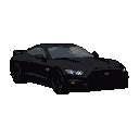 A black Mustang with illuminated headlights, viewed from a low-angle front-three-quarter perspective, rendered in pixelated detail against a black background.