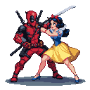 Deadpool in red and black suit, katanas sheathed, faces off against Snow White in blue and yellow dress, wielding a sword.