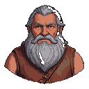 A grizzled older adventurer with a flowing gray beard and a stern gaze, wearing a rustic brown tunic.