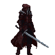 A cloaked, masked figure in a tattered crimson cloak holds a long metallic sword against a dark background.