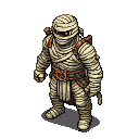 A stoic mummy king, wrapped in tattered bandages and a dark cloak, wearing leather straps and a belt.