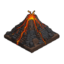 Isometric volcano with glowing crater and flowing orange lava down dark, craggy slopes.