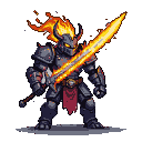 A hulking robotic warrior with glowing orange embers, a horned helmet with erupting flames, and a right arm replaced by a radiant fire sword. Its eyes burn yellow, and a tattered red cloth hangs from its waist.