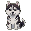 A pixelated husky puppy with black and white markings, wide dark eyes, and a happy grin.
