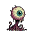 Grotesque floating eyeball monster with a large pale yellow head, teal iris, dark pupil, and trailing spindly pink and purple root-like body.
