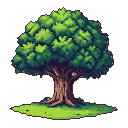 Pixel Art: Ancient Tree, Verdant Canopy: Peaceful Farm Scene