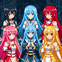 Six anime-style women with distinct hair colors (black, blue, pink, red, blonde) in a staggered formation, looking forward with serene expressions.