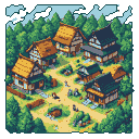 A secluded village of wooden houses with thatched and tiled roofs, nestled amongst lush green trees, seen from a top-down perspective.