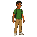 Pixel Art: A young Colombian man named Leo, around 20 years old, slim a...