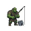 A burly, green-skinned orc sits hunched over, fishing with a rod. He wears a rough vest and tunic, with a bucket beside him.