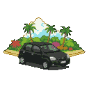 A black 2013 Toyota Etios hatchback on a sandy path in front of a pixelated tropical island with palm trees and colorful flora under a cloudy sky.
