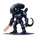 A Xenomorph with segmented armor and a glowing green eye wields an orange-red pixelated lightsaber, poised for combat.