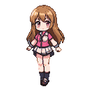 Anime girl with long brown hair, large pink eyes, wearing a pink collared shirt, white pleated skirt, and dark socks and shoes.