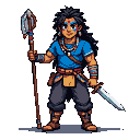 Stoic warrior with red war paint across eyes, wearing a blue t-shirt, jogger pants, boots, and a chest strap. He holds a ceremonial staff in his left hand and has a sheathed sword at his right hip.