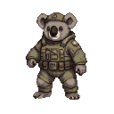 A koala in tactical gear, including a helmet and vest, stands alert.