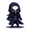 A chibi-style character in a navy cloak and raven mask with red eye slits, wearing a white skull mask and a small white cross on their chest.