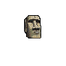 A stoic, weathered stone head with muted earthy tones and subtle pixelated shading, emerging from a black void.