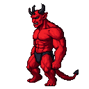Muscular devil demon with crimson skin, glowing red eyes, sharp teeth, and dark curved horns, snarling in a side-view pose, wearing a dark loincloth, with a long pointed tail.