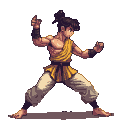 Young martial artist in a mustard-yellow tunic and cream pants, in a low defensive stance with hands ready.