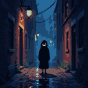 A shadowy figure with a glowing, pixelated grin stands in a dark, rain-slicked alley at night.