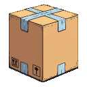 Brown cardboard box with light blue packing tape forming an "X" on top, featuring faint shipping symbols.