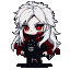 Chibi vampire with messy white hair, crimson eyes, and fangs, wearing a gothic outfit with a tattered scarlet cape.