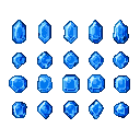 Collection of pixel art blue gemstones of various shapes and cuts, glowing against a black background.