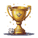 Golden trophy with a blue gem emblem on a pedestal next to a soccer ball, surrounded by sparkling particles.