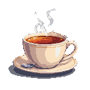 Steaming cup of dark tea on a saucer with a small spoon.