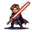 Warrior with glowing red lightsaber and flowing crimson cape, beard, and intense eyes.