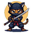 Fierce tiger ninja with piercing orange eyes, wearing a dark blue gi and red sash, grips a katana. Pixelated yellow circle behind.
