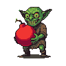 Small green goblin with glowing red eyes grins, holding a large red bomb.