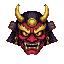 A fearsome Japanese oni mask in vibrant reds and deep blues, with striking golden horns, brow, and central protrusion. Its gaping maw reveals sharp teeth, and its piercing golden eyes convey a malevolent gaze.