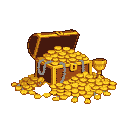 A dark brown treasure chest overflowing with gold coins and a golden chalice on a dark background.