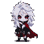 Chibi vampire Scarlet in a battle stance, with pale skin, crimson eyes, fangs, messy white hair, dark leather tunic with silver buckles, and a tattered scarlet cape. Neon violet backlighting and sharp rim lighting.