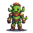 Anthropomorphic cactus in golden armor and red bandana, with multiple small arms and a smiling pixel art face.