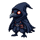 A cloaked figure with a raven mask and glowing red eyes, wearing a belt with a pouch.